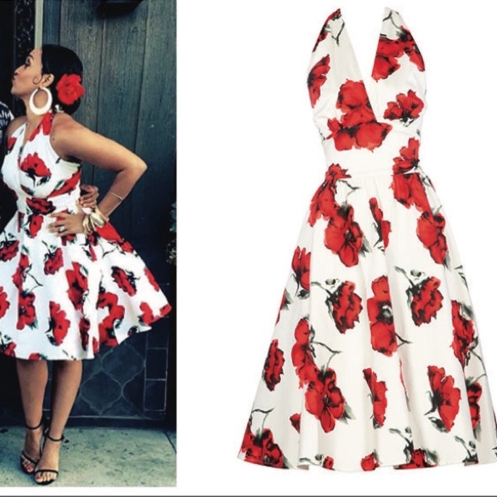 Stop Staring! Floral Halter Havana Style Dress, Red and White, Size 14, NWT